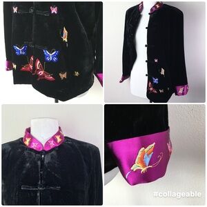 Butterfly Velvet Blazer Jacket Asian Embroidered Black & Purple Mandarin Collar